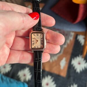 Minimalist Vintage Watch Sapphire Bezel Winder 18k GP Leather